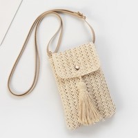 Nouveau sac bandoulière style bohème, petit sac carré mini format pour téléphone portable, beige kaki, tissé à la main, fermeture éclair, sac à bandoulière simple pour femmes et filles