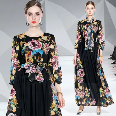 Ready to ship 2022 Spring Summer O neck Rose Flower Print Full sleeve Vintage Chiffon Long Dress For Women High quality