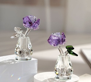 크리스탈 로즈의 명예 붉은 꽃 녹색 잎 K9 크리스탈 꽃 유리 공예 선물 기념품 테이블 장식 - Product Image 3