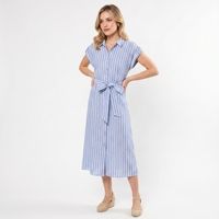 Robe chemise en polyester à rayures de style européen, col boutonné, taille nouée, robe midi décontractée d'été pour femmes