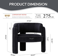 Fauteuils d'appoint de salon modernes noirs Fauteuils à bras latéraux rembourrés confortables à 3 pieds pour la lecture Chambre à coucher
