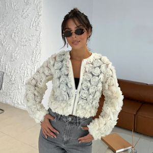 <strong>King</strong> Mcgreen Star Early Autumn New Arrival Stand up Collar 3D Sional Flower Zipper Jacket Short <strong>Coat</strong> Women Clothing - Product Image 5