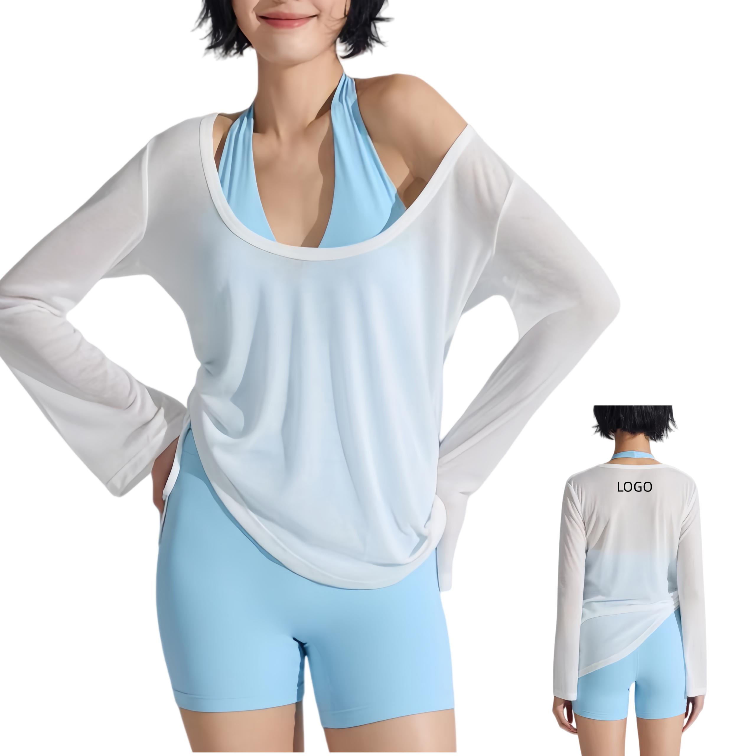 Newly Designed AL Women's Loose Long Sleeved Pleated Drawstring V-neck Sports Topsummer Outdoor Fitness Breathable Yoga Smock
