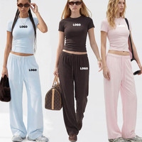 Ensemble 2 pièces personnalisé pour femme : T-shirts et pantalon évasé large en coton pour l'été – Tenue de jogging 2 pièces, ensemble de survêtement long