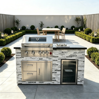 Isla de Cocina Modular para Exteriores de Piedra Natural Premium con Parrilla de Gas y Encimera de Granito Negro para Fiestas de Barbacoa en el Patio Trasero