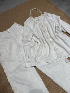 Completo Due Pezzi in Lino 100% per Donna, Camicetta a Maniche Lunghe e Pantaloni a Gamba Larga, Traspirante e ad Asciugatura Rapida, Stile Hip Hop Casual per Vacanze - Product Image 4
