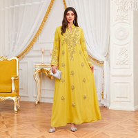 Robe longue Kaftan Jalabiya pour adultes musulmans, avec appliques florales en strass, col à capuche, tenue modeste pour l'Aïd, le Ramadan, les soirées et les fêtes