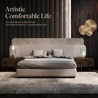 Lit de maître extra large à niveaux, design italien moderne, luxe, capitonné en velours, acier inoxydable 304, matelassage vertical