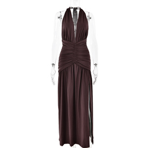 Robe longue de soirée dos nu à col halter et décolleté en V, taille empire, fente haute, respirante et tendance, été 2025 - Product Image 5