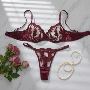 Wholesale Women's Floral Embroidery Sheer Mesh Underwire Bra and Thong <b>Set</b> 2 Piece Lace Lingerie <b>Set</b> Breathable <b>Sexy</b> Intimates - Product Image 3