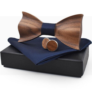 Nœud papillon en <span class=keywords><strong>bois</strong></span> 3D pour hommes, <span class=keywords><strong>mouchoir</strong></span> motif rayé avec boutons de manchette, boîte cadeau - Product Image 1