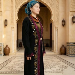 Middle Eastern Women's <b>Plus</b> <b>Size</b> Floor Length Abaya Long Sleeve Embroidered Floral Pattern Modest Dress Daily Wear Black Purple - Product Image 1