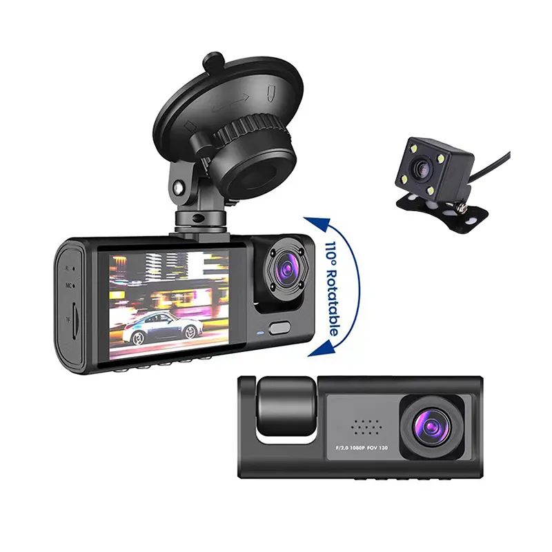 3 lentes Dash Cam Wide Angle Car Vehicle Camera 2.0 Inch Screen carro caixa preta do carro dvr sucção titular gravador