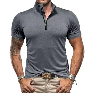男装四分之一拉链v领马球衫修身短袖运动t恤亨利衬衫