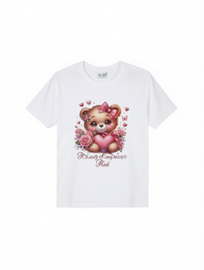 T-shirt da donna con motivo orsetto, manica corta, in poliestere, grazioso design con cuore e fiori, girocollo, vestibilità regolare, per tutte le stagioni - Product Image 1