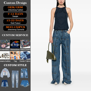 <span class=keywords><strong>Jean</strong></span> droit taille mi-haute pour femme avec logo personnalisé, coupe droite classique, plissé, orné de boutons, respirant et écologique – Idéal pour l'été - Product Image 1