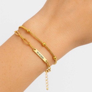 Conjunto de Pulseras de Cadena con Eslabones Chapados en Oro Grabadas Personalizadas, Joyería de Aniversario para Mujer, Fecha 03.10.2026, Doble Clásica Personalizada - Product Image 1