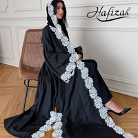 Abaya noire personnalisée Hafizah pour femme, robe longue kimono de luxe avec appliques en dentelle de rose blanche, manches chauve-souris, style islamique musulman OEM