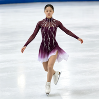 Robe de patinage artistique à col montant, dégradé violet vin avec strass, en tissu mesh pour compétition et spectacle sur glace (adultes et enfants)