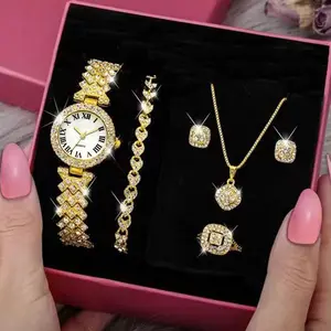 时尚奢华全水晶5 pcs手表套装钻石项链耳环套装珠宝女性礼品2024