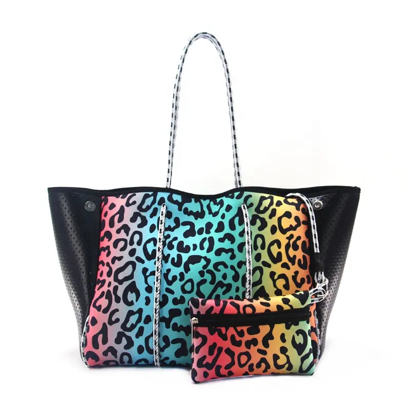 Neopren-Tasche 2021 beliebte Sommer handtaschen bunte Leoparden-Einkaufstasche Frauen Haute Shore Mode bedruckte Neopren-Tasche für Strand