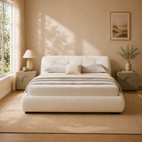 Lit plateforme moderne et écologique en tissu bouclé blanc avec tête de lit arrondie