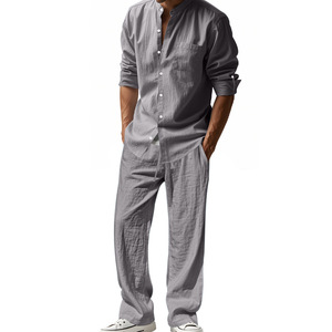 Ensemble chemise et pantalon décontracté en lin pour homme, coupe ample, respirant, manches longues, tenue de plage pour les loisirs, style simple, blanc, gris, bleu - Product Image 2