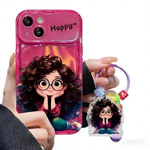 Funda para Teléfono Móvil con Colgante de Chica con Gafas Transparentes de Dibujos Animados para <span class=keywords><strong>iPhone</strong></span> 17 16 15 Pro Max, Funda con Espejo Abatible y Cordón Hecho de TPU - Product Image 4