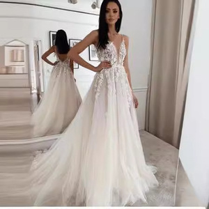 Vestidos de <span class=keywords><strong>Novia</strong></span> LY-WD1050, Personalizables, Sexy, Escote Profundo en V, Línea A, Encaje, Tallas Grandes, Fotos Reales de Bodas Civiles - Product Image 2