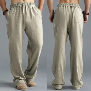 Plus Size Men Cotton Linen Long Pants Elastic Waist Loose Straight Trousers Summer Breathable Slender Casual Sports Pants 5XL