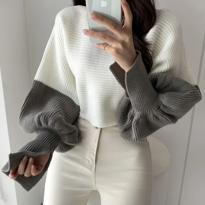 Suéter de malha curto cintura alta, 2021 de outono, novo estilo, design de gola única, cor dividida, suéter de malha