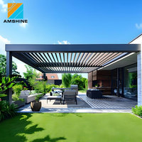 Système de pergola bioclimatique à revêtement poudré, pavillon de jardin extérieur, structure en aluminium, pergola à lames orientables, fixée au mur de la maison