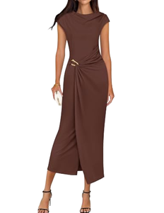 Robe élégante en satin marron pour femme, col rond, manches courtes, longueur mi-mollet avec ceinture, tissu crêpe, collection été/printemps - Product Image 4