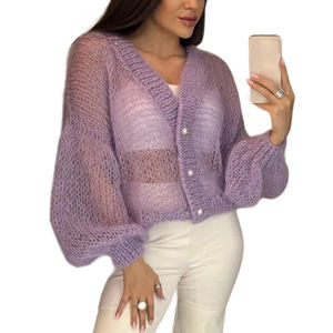 Suéter de <span class=keywords><strong>Mujer</strong></span> de Punto de Malla <span class=keywords><strong>Transparente</strong></span> Delgada Informal a la Moda, Suéter de <span class=keywords><strong>Mujer</strong></span> Personalizado con Cuello en V, de Un Solo Pecho y Hombros Caídos - Product Image 6