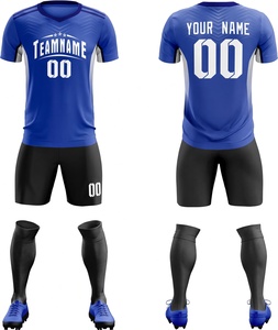Custom Blue Soccer Jersey Kit Men's Short Sleeve V-Neck Moisture Wicking Uniform with Black Shorts and <b>Socks</b> All Seasons - Product Image 1