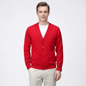 Cardigan rouge pour homme à col en V, 100 % coton, manches longues, fermeture boutonnée, anti-boulochage, séchage rapide, anti-rétrécissement, idéal pour l'automne et l'hiver - Product Image 1