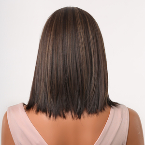 Peluca de cabello sintético <span class=keywords><strong>Afro</strong></span> para mujer afroamericana, cabellera artificial liso de fibra japonesa, color marrón oscuro y dorado, largo hasta los hombros, resistente al calor - Product Image 4