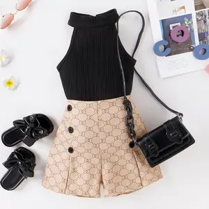Brand 2023 Summer Black Color Toddler Kids Clothing Set Sleeve top Tee And Shorts Two Pieces Girl Clothing