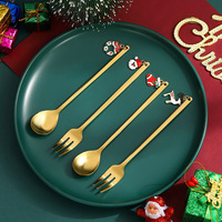 Lot de 2 couverts de Noël en gros, cuillère et fourchette en acier inoxydable avec pendentif Père Noël, vaisselle à thème de Noël