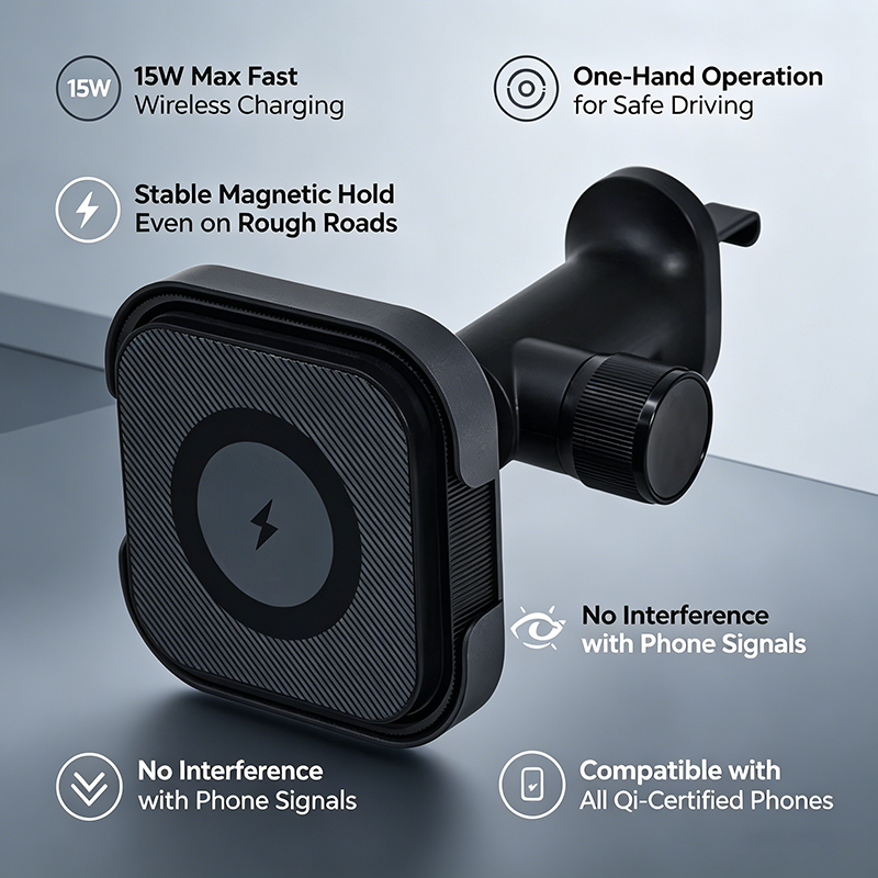 Cargador Inalámbrico Magnético Negro para Teléfono de Coche
