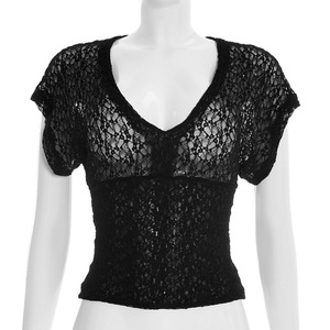 Viviblook J26TP051 Blusas Casuales para Mujer, Nuevas, Sexys, de Color Sólido, Cuello en V, Encaje, Ajustadas, de Manga Corta, para Mujer - Product Image 1