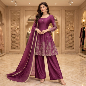 TENNECY New Designer Collection Fully Stitched Stretchable Ready-to-Wear Indian Pakistani CHINON SILK <b>Top</b> Pant Dupatta Set - Product Image 1