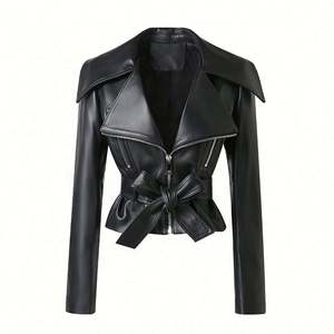 Veste en cuir véritable souple pour femmes nouvellement lancée coupe-vent hiver grand col avant imprimé Logo automne/printemps court soie solide - Product Image 2