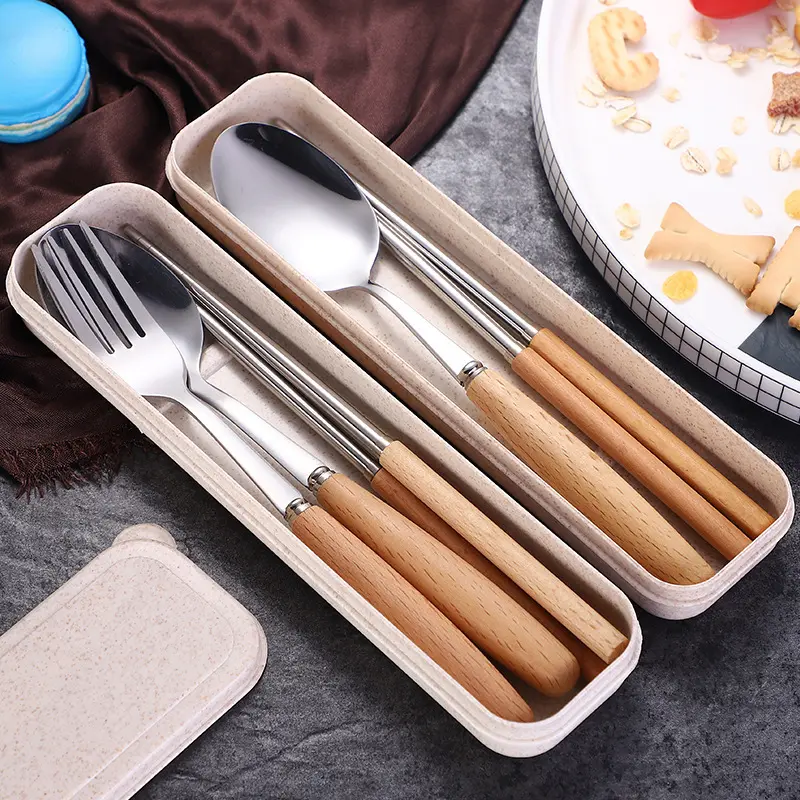 Korean Style Wooden Handle Stainless Steel Knife Fork Chopsticks Tableware Set Outdoor Portable Tableware Wheat Boxed Spoon