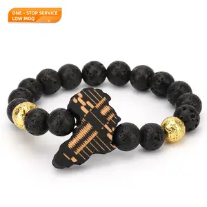 <span class=keywords><strong>20CM</strong></span> nuevo estilo joyería Oro Negro plantado Lava pulsera de piedra con de madera Africana mapa colgante para hombre mujer - Product Image 2