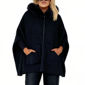 <b>Women's</b> Oversized Hooded <b>Cape</b> <b>Coat</b> - Faux Fur Trim Zip-Up Pocketed Winter <b>Womens</b> Clothes Fashion - Product Image 5