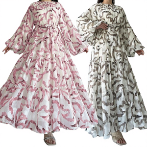 Abaya longue à manches longues en mousseline de soie pour femmes musulmanes du Moyen-Orient, couleur unie, longueur cheville, mode automne élégante avec ceinture - Product Image 4