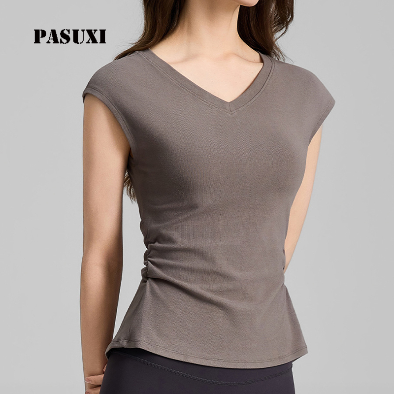 PASUXI Breathable Four-Way Stretch Lightweight V-Neck Ruched Yoga Top Loose Fit Short Sleeve Gym T-Shirt Women Performance