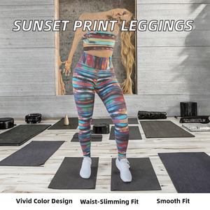 Pantalons de sport pour femmes, imprimés coucher de soleil colorés, sans couture, respirants, décontractés, taille haute, leggings de yoga - Product Image 2