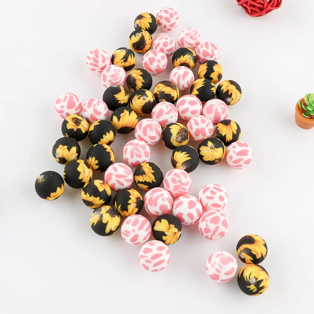 Wholesale Print 9mm 12mm 15mm 19mm Baby Teething Bead Bpa Free Food Grade Mixed Jewelry Baby Chew Teether Round Silicone Beads